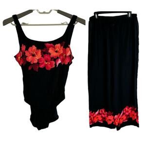 Jantzen Vintage One-piece swimsuit coverup SET black floral vacation resort